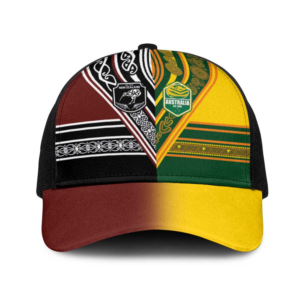New Zealand and Australia Rugby Baseball Net Cap Burgundy Koru Geometric with Aboriginal Chevron Sport Style