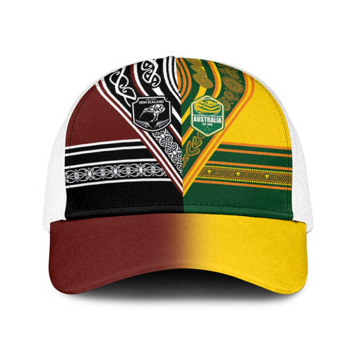 New Zealand and Australia Rugby Baseball Net Cap Burgundy Koru Geometric with Aboriginal Chevron Sport Style