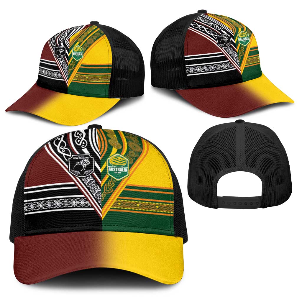 New Zealand and Australia Rugby Baseball Net Cap Burgundy Koru Geometric with Aboriginal Chevron Sport Style