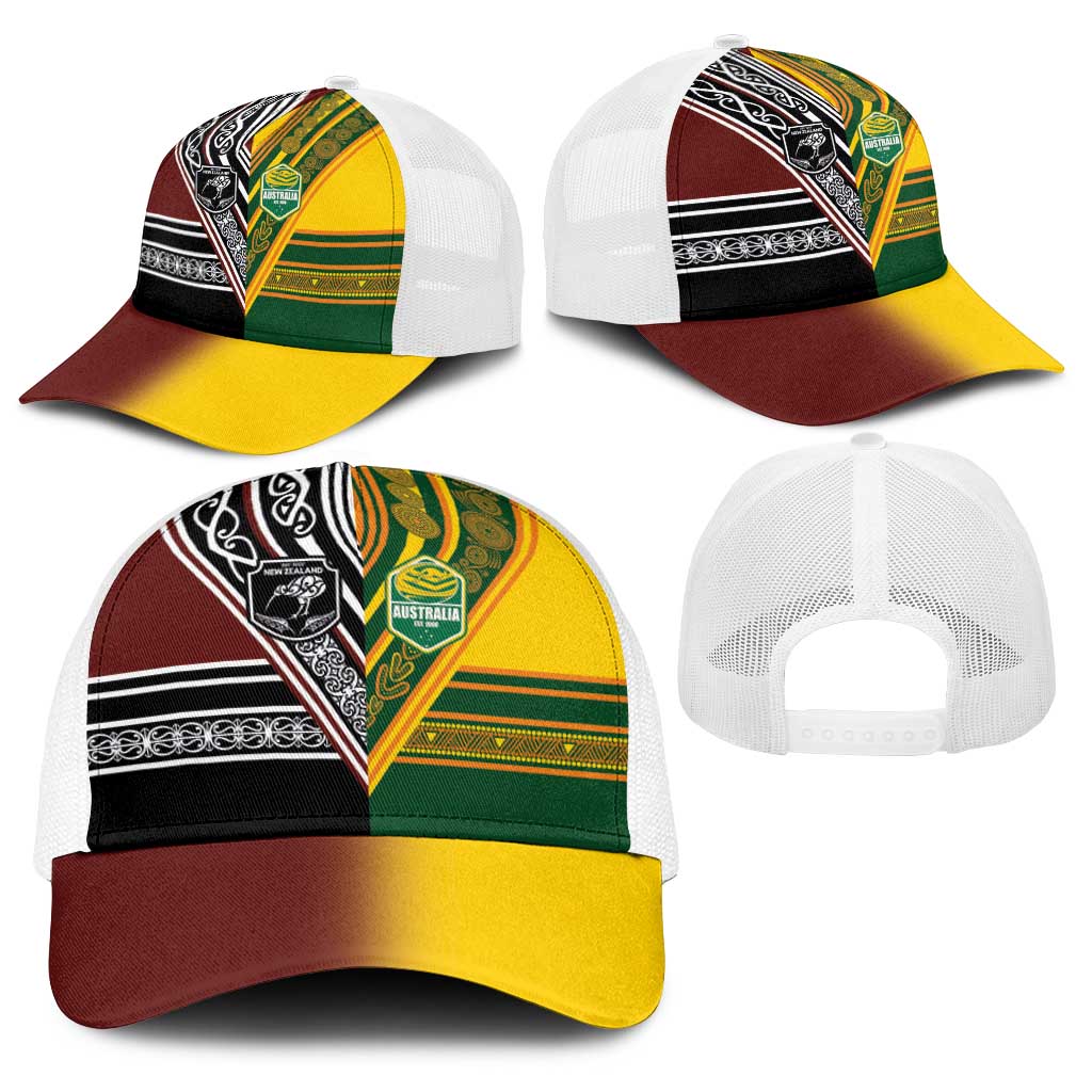 New Zealand and Australia Rugby Baseball Net Cap Burgundy Koru Geometric with Aboriginal Chevron Sport Style