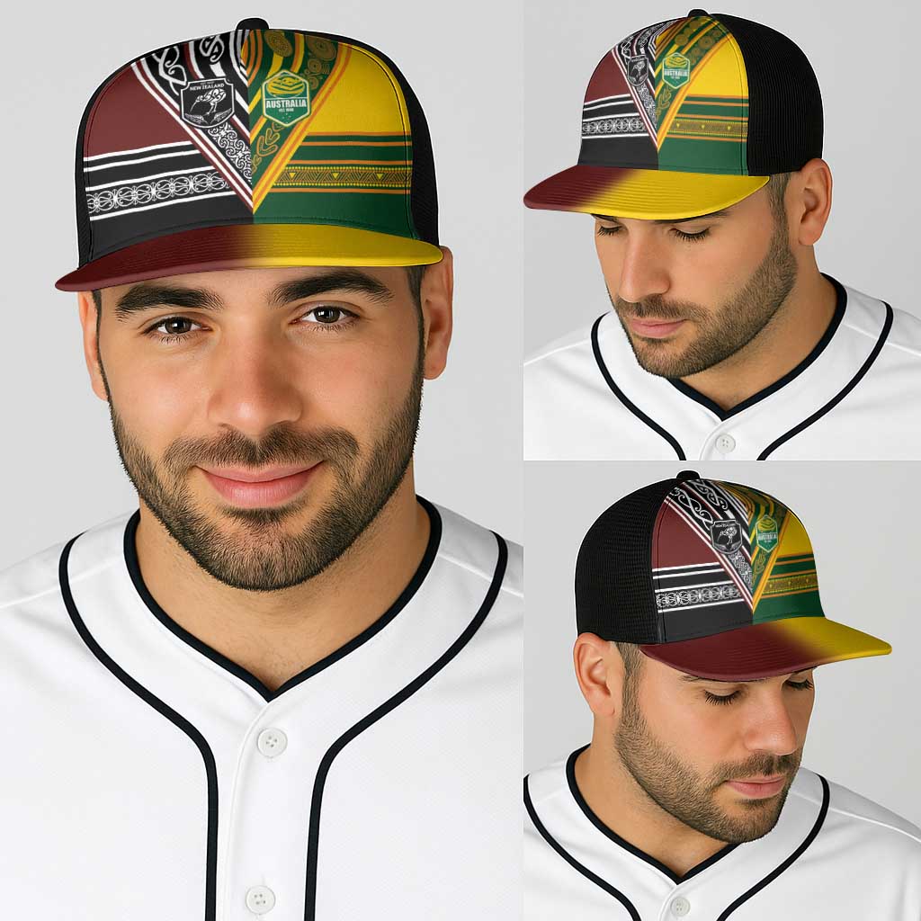 New Zealand and Australia Rugby Baseball Net Cap Burgundy Koru Geometric with Aboriginal Chevron Sport Style