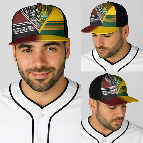 New Zealand and Australia Rugby Baseball Net Cap Burgundy Koru Geometric with Aboriginal Chevron Sport Style