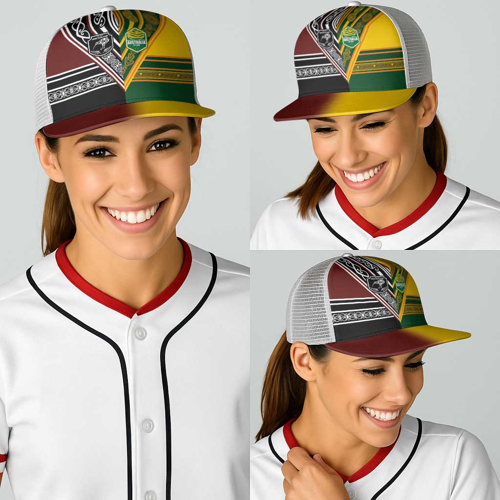 New Zealand and Australia Rugby Baseball Net Cap Burgundy Koru Geometric with Aboriginal Chevron Sport Style