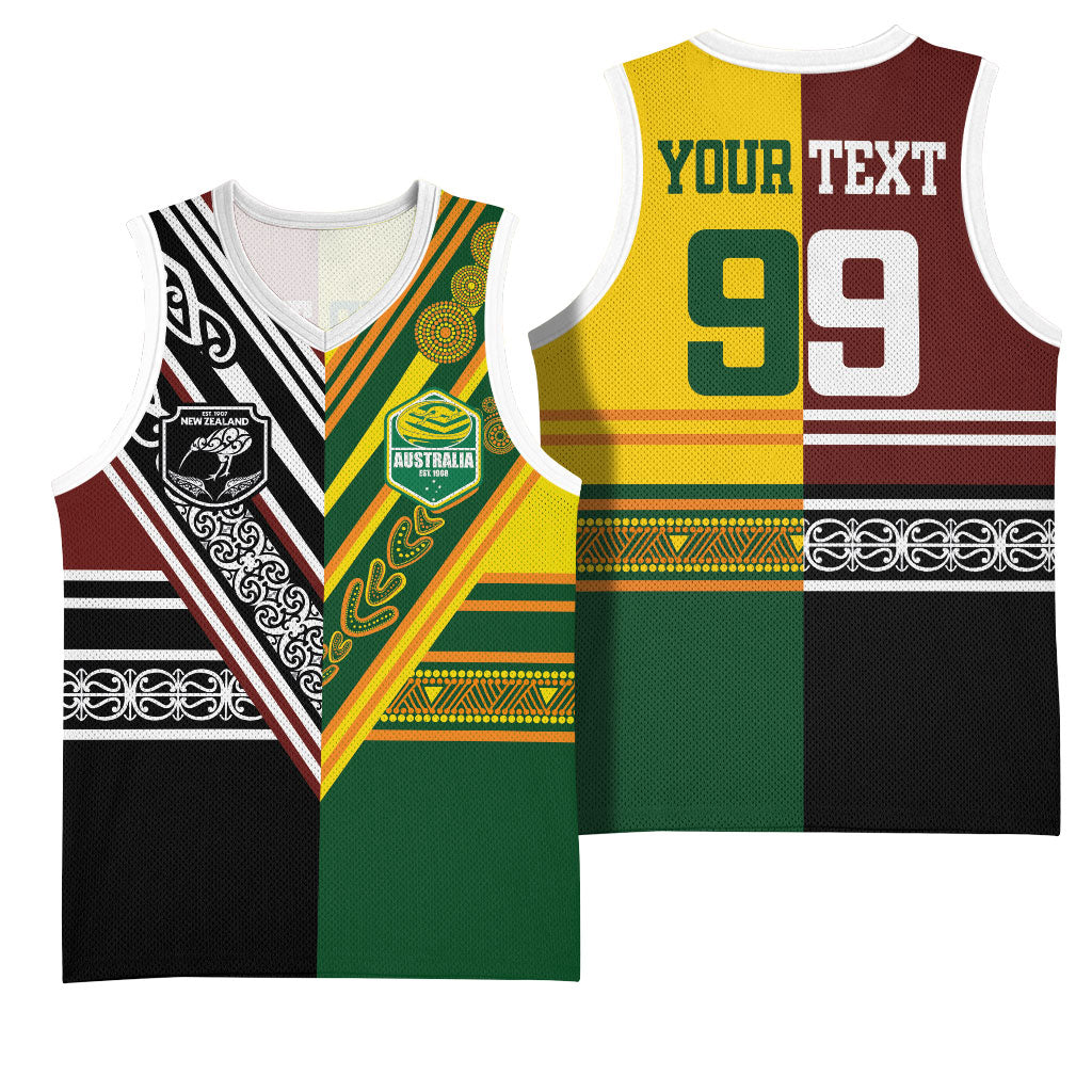 Custom Rugby New Zealand and Australia Basketball Jersey Burgundy Koru Geometric with Aboriginal Chevron Sport Style