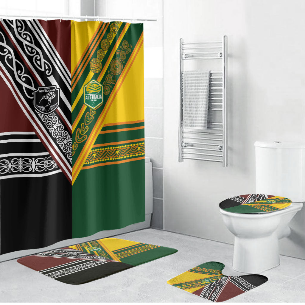 Rugby New Zealand and Australia Bathroom Set Burgundy Koru Geometric with Aboriginal Chevron Sport Style