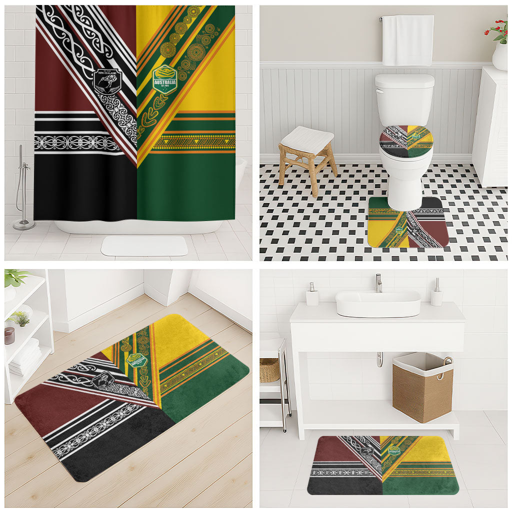 Rugby New Zealand and Australia Bathroom Set Burgundy Koru Geometric with Aboriginal Chevron Sport Style