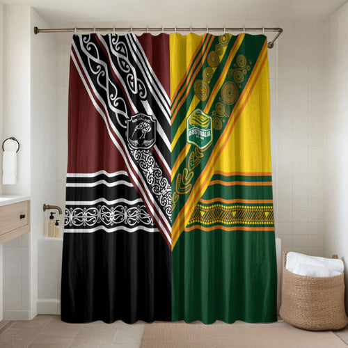 Rugby New Zealand and Australia Bathroom Set Burgundy Koru Geometric with Aboriginal Chevron Sport Style