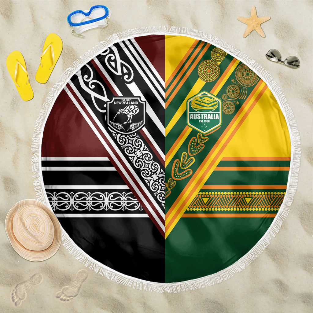 Rugby New Zealand and Australia Beach Blanket Burgundy Koru Geometric with Aboriginal Chevron Sport Style