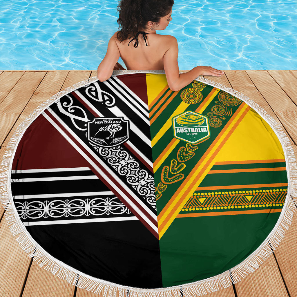 Rugby New Zealand and Australia Beach Blanket Burgundy Koru Geometric with Aboriginal Chevron Sport Style