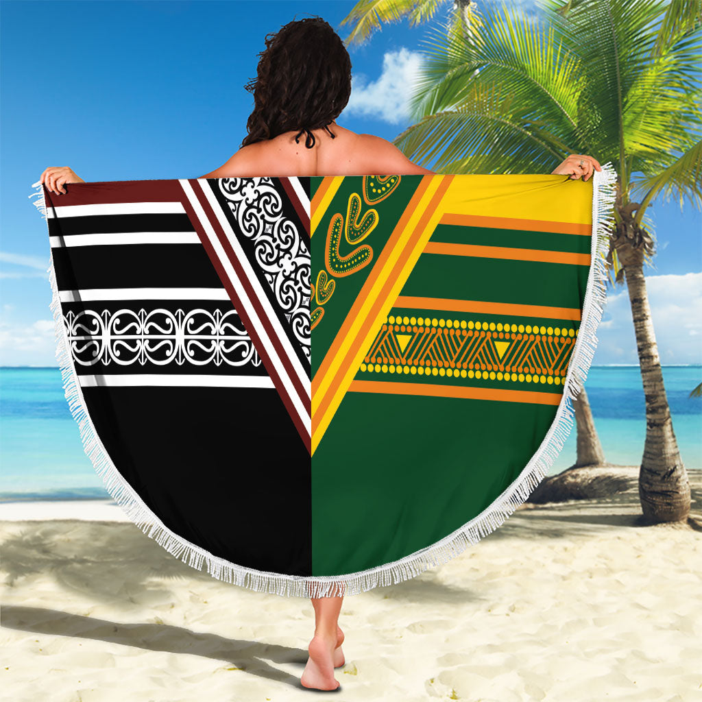 Rugby New Zealand and Australia Beach Blanket Burgundy Koru Geometric with Aboriginal Chevron Sport Style