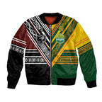 Custom Rugby New Zealand and Australia Bomber Jacket Burgundy Koru Geometric with Aboriginal Chevron Sport Style