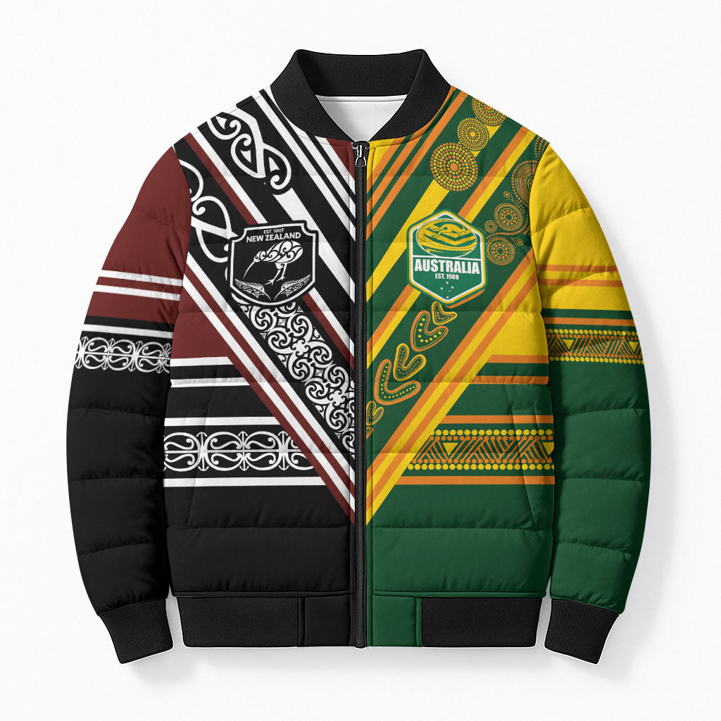 Custom Rugby New Zealand and Australia Bomber Puffer Jacket Burgundy Koru Geometric with Aboriginal Chevron Sport Style