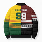 Custom Rugby New Zealand and Australia Bomber Puffer Jacket Burgundy Koru Geometric with Aboriginal Chevron Sport Style