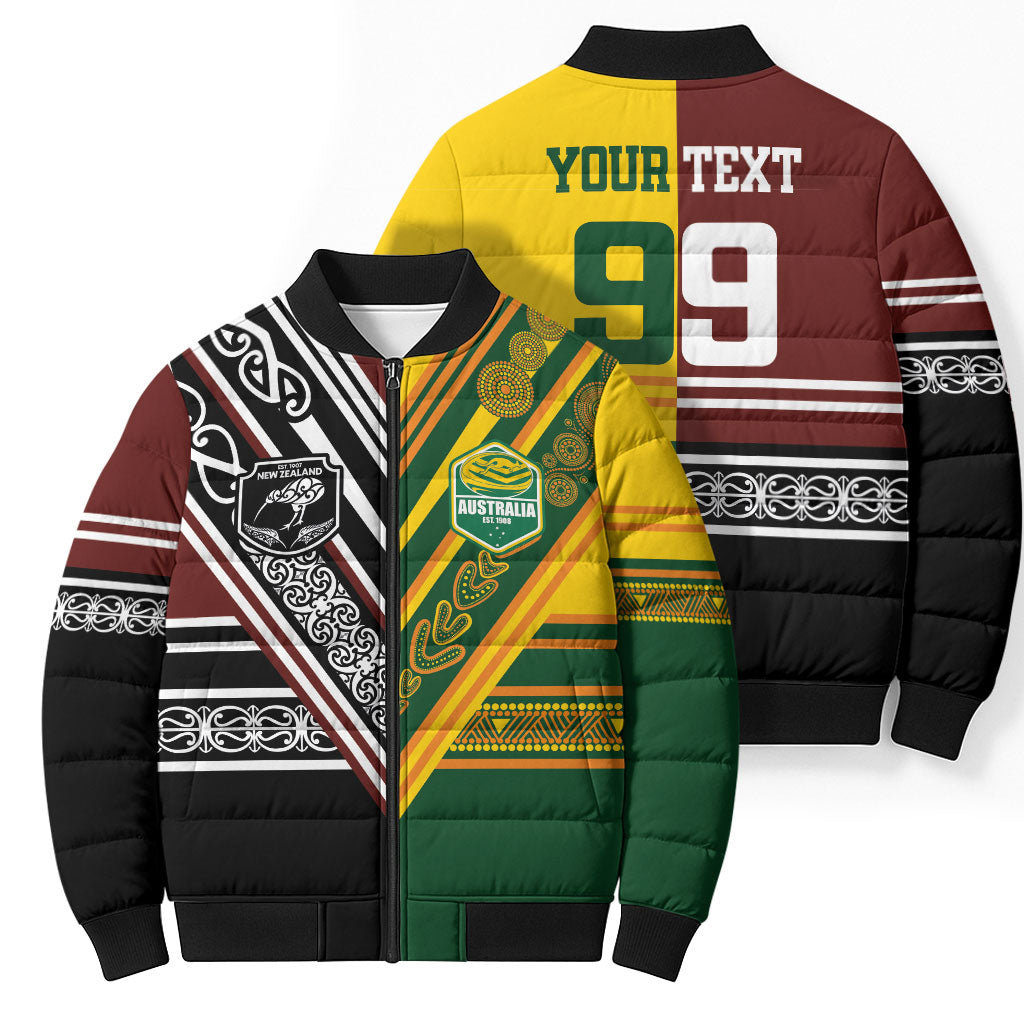 Custom Rugby New Zealand and Australia Bomber Puffer Jacket Burgundy Koru Geometric with Aboriginal Chevron Sport Style
