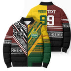 Custom Rugby New Zealand and Australia Bomber Puffer Jacket Burgundy Koru Geometric with Aboriginal Chevron Sport Style