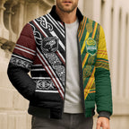Custom Rugby New Zealand and Australia Bomber Puffer Jacket Burgundy Koru Geometric with Aboriginal Chevron Sport Style