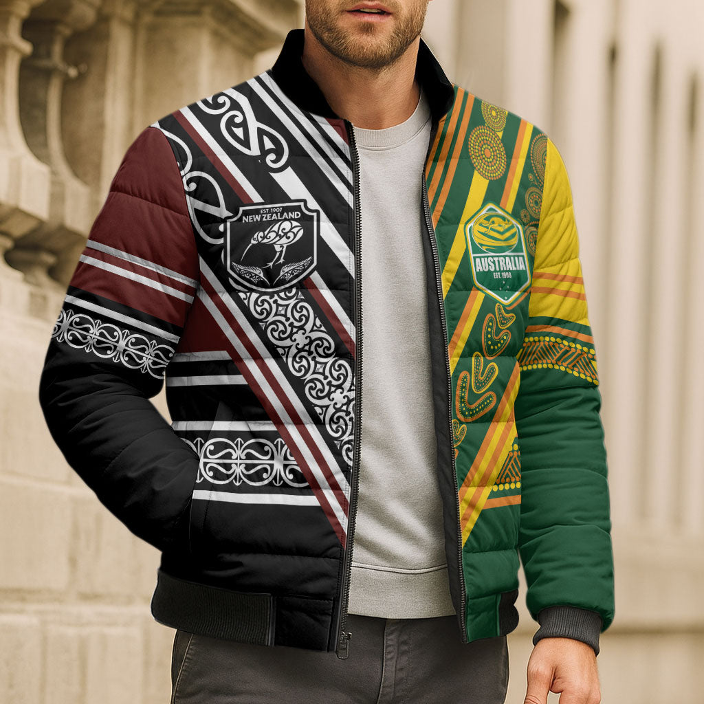 Custom Rugby New Zealand and Australia Bomber Puffer Jacket Burgundy Koru Geometric with Aboriginal Chevron Sport Style