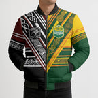 Custom Rugby New Zealand and Australia Bomber Puffer Jacket Burgundy Koru Geometric with Aboriginal Chevron Sport Style