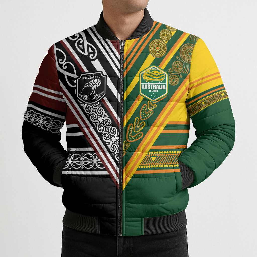 Custom Rugby New Zealand and Australia Bomber Puffer Jacket Burgundy Koru Geometric with Aboriginal Chevron Sport Style