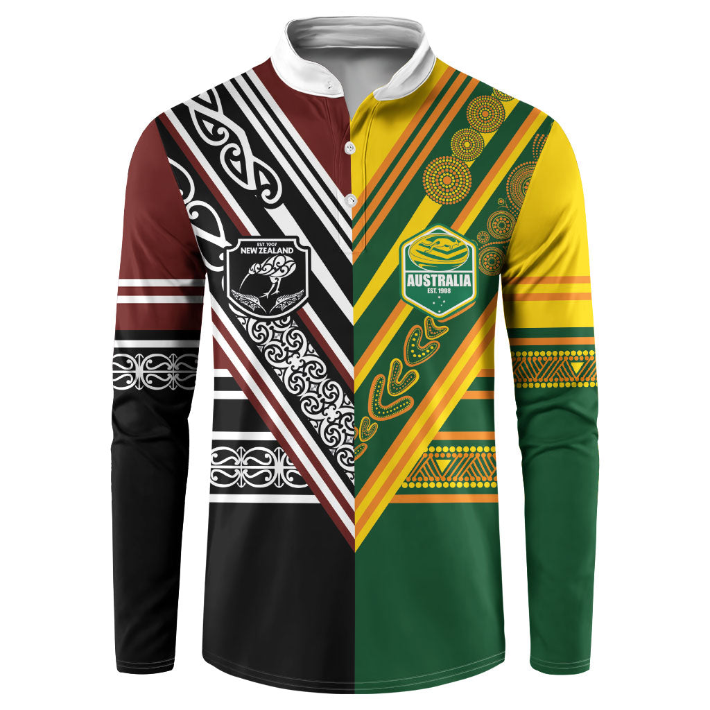 Custom Rugby New Zealand and Australia Button Sweatshirt Burgundy Koru Geometric with Aboriginal Chevron Sport Style