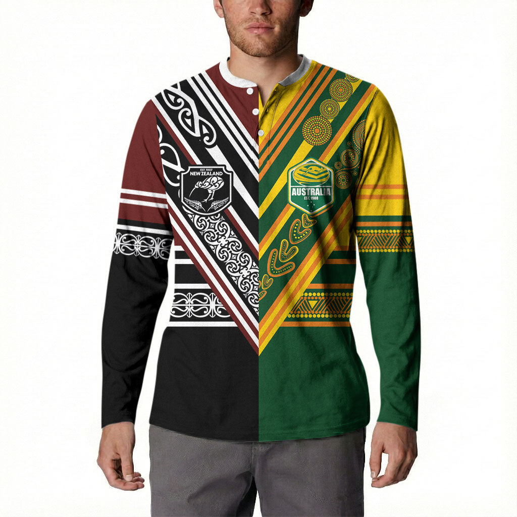 Custom Rugby New Zealand and Australia Button Sweatshirt Burgundy Koru Geometric with Aboriginal Chevron Sport Style