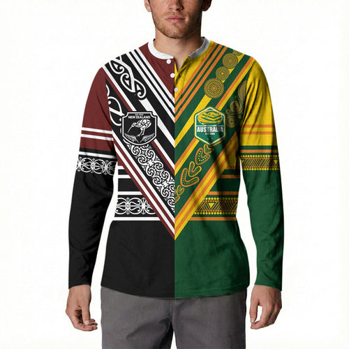 Custom Rugby New Zealand and Australia Button Sweatshirt Burgundy Koru Geometric with Aboriginal Chevron Sport Style