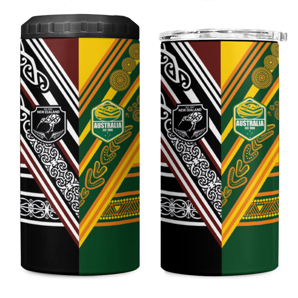 Rugby New Zealand and Australia 4 in 1 Can Cooler Tumbler Burgundy Koru Geometric with Aboriginal Chevron Sport Style