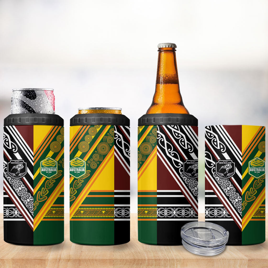 Rugby New Zealand and Australia 4 in 1 Can Cooler Tumbler Burgundy Koru Geometric with Aboriginal Chevron Sport Style