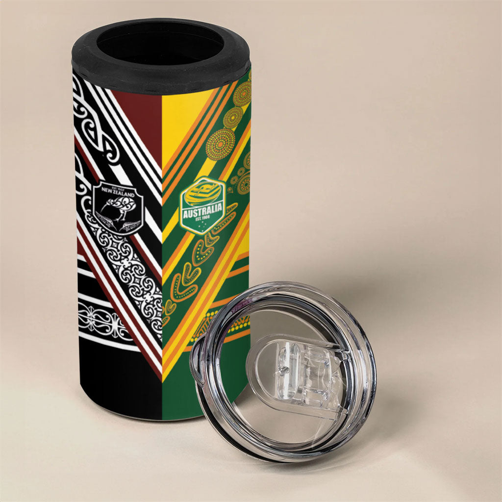 Rugby New Zealand and Australia 4 in 1 Can Cooler Tumbler Burgundy Koru Geometric with Aboriginal Chevron Sport Style