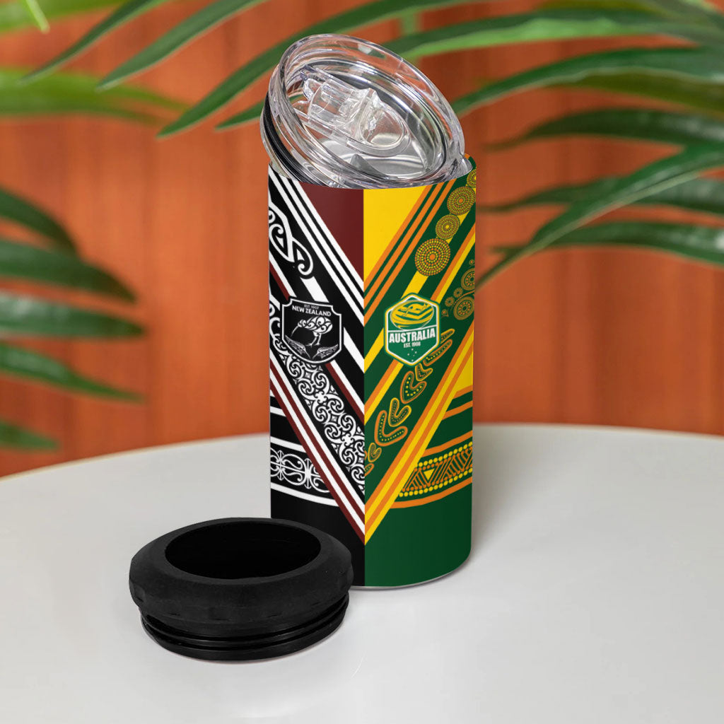 Rugby New Zealand and Australia 4 in 1 Can Cooler Tumbler Burgundy Koru Geometric with Aboriginal Chevron Sport Style