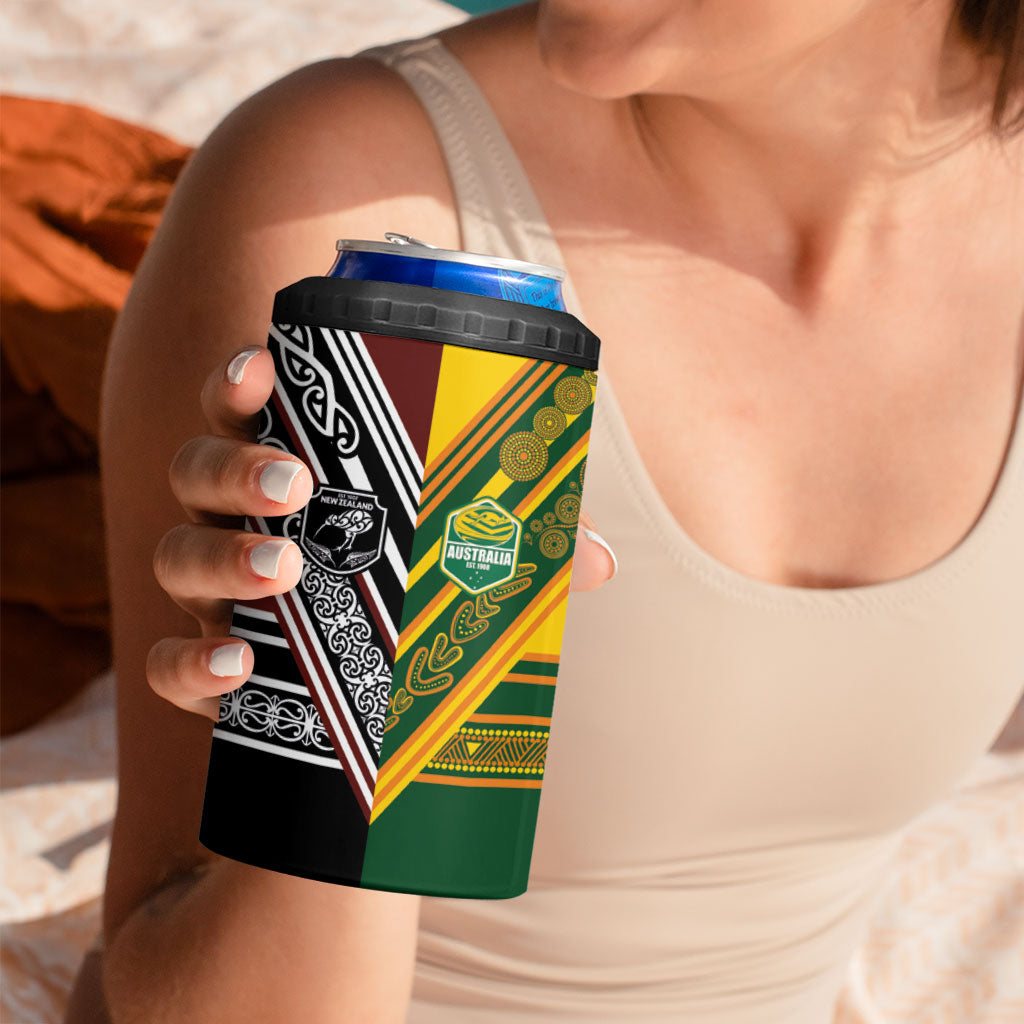 Rugby New Zealand and Australia 4 in 1 Can Cooler Tumbler Burgundy Koru Geometric with Aboriginal Chevron Sport Style