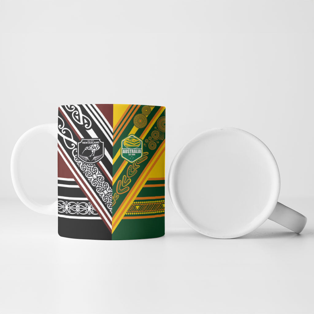 Rugby New Zealand and Australia Ceramic Mug Burgundy Koru Geometric with Aboriginal Chevron Sport Style