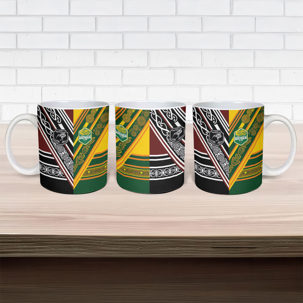 Rugby New Zealand and Australia Ceramic Mug Burgundy Koru Geometric with Aboriginal Chevron Sport Style