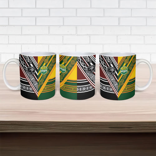 Rugby New Zealand and Australia Ceramic Mug Burgundy Koru Geometric with Aboriginal Chevron Sport Style