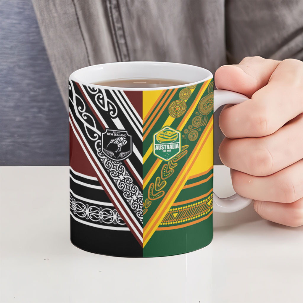 Rugby New Zealand and Australia Ceramic Mug Burgundy Koru Geometric with Aboriginal Chevron Sport Style
