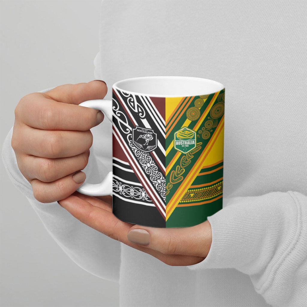 Rugby New Zealand and Australia Ceramic Mug Burgundy Koru Geometric with Aboriginal Chevron Sport Style