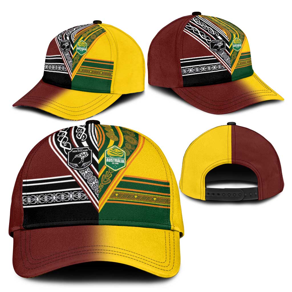 New Zealand and Australia Rugby Classic Cap Burgundy Koru Geometric with Aboriginal Chevron Sport Style