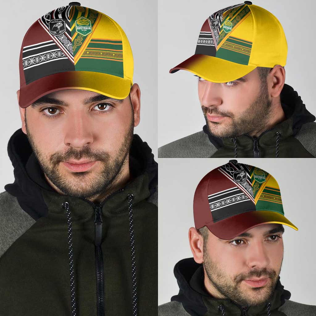 New Zealand and Australia Rugby Classic Cap Burgundy Koru Geometric with Aboriginal Chevron Sport Style