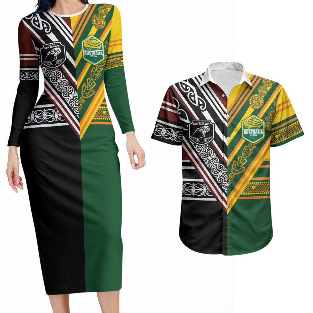 Custom Rugby New Zealand and Australia Couples Matching Long Sleeve Bodycon Dress and Hawaiian Shirt Burgundy Koru Geometric with Aboriginal Chevron Sport Style