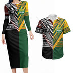Custom Rugby New Zealand and Australia Couples Matching Long Sleeve Bodycon Dress and Hawaiian Shirt Burgundy Koru Geometric with Aboriginal Chevron Sport Style