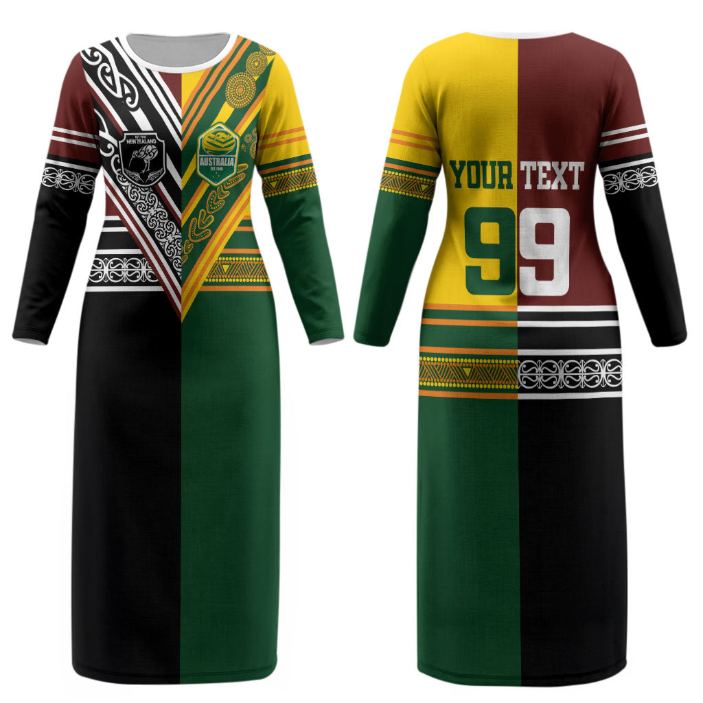 Custom Rugby New Zealand and Australia Couples Matching Long Sleeve Bodycon Dress and Hawaiian Shirt Burgundy Koru Geometric with Aboriginal Chevron Sport Style