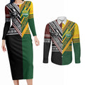Custom Rugby New Zealand and Australia Couples Matching Long Sleeve Bodycon Dress and Long Sleeve Button Shirt Burgundy Koru Geometric with Aboriginal Chevron Sport Style