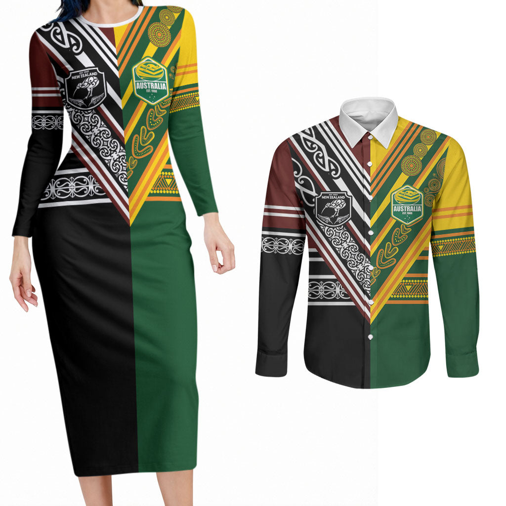 Custom Rugby New Zealand and Australia Couples Matching Long Sleeve Bodycon Dress and Long Sleeve Button Shirt Burgundy Koru Geometric with Aboriginal Chevron Sport Style