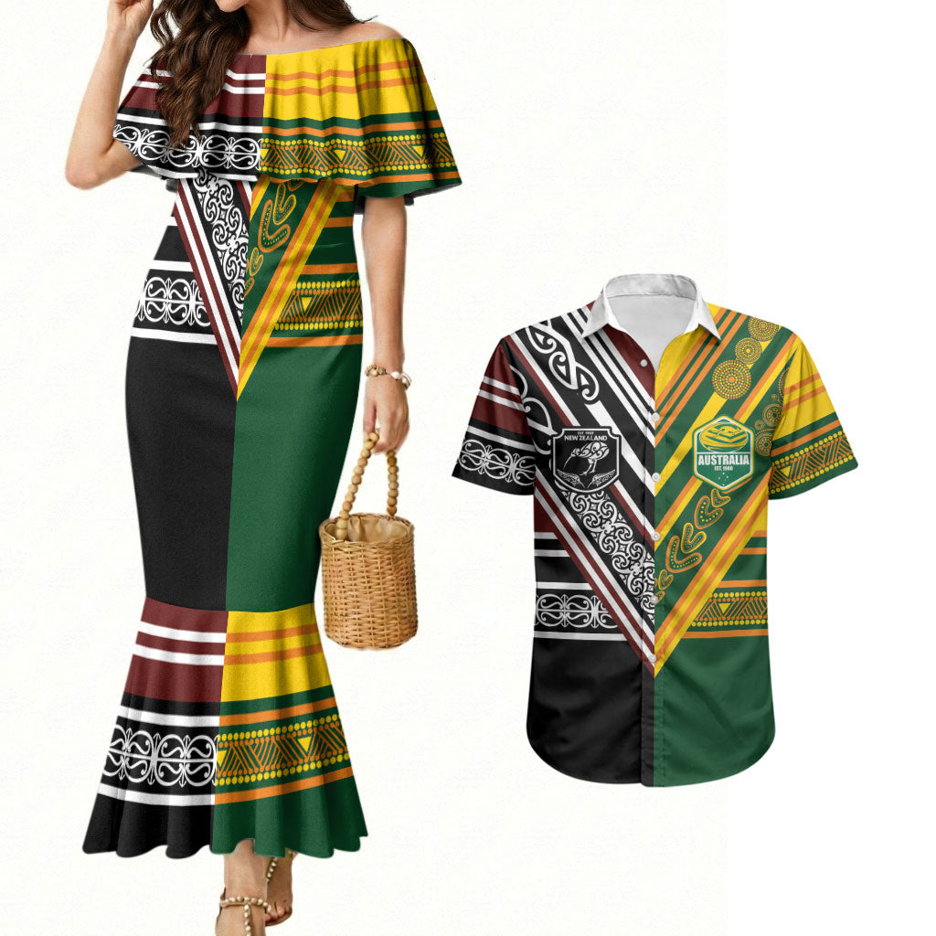Custom Rugby New Zealand and Australia Couples Matching Mermaid Dress and Hawaiian Shirt Burgundy Koru Geometric with Aboriginal Chevron Sport Style