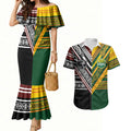 Custom Rugby New Zealand and Australia Couples Matching Mermaid Dress and Hawaiian Shirt Burgundy Koru Geometric with Aboriginal Chevron Sport Style