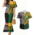 Custom Rugby New Zealand and Australia Couples Matching Mermaid Dress and Hawaiian Shirt Burgundy Koru Geometric with Aboriginal Chevron Sport Style