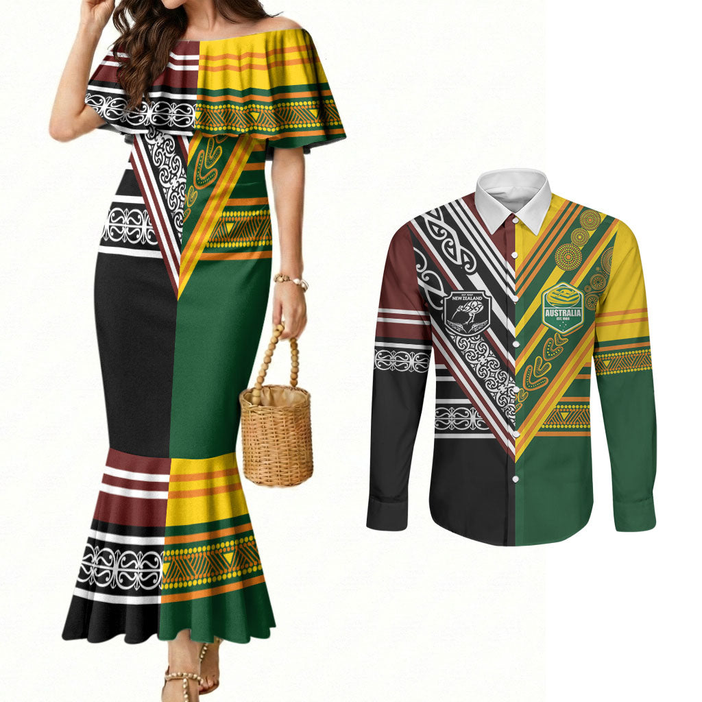 Custom Rugby New Zealand and Australia Couples Matching Mermaid Dress and Long Sleeve Button Shirt Burgundy Koru Geometric with Aboriginal Chevron Sport Style