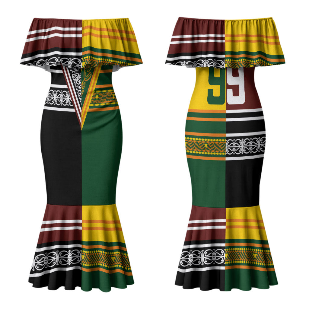 Custom Rugby New Zealand and Australia Couples Matching Mermaid Dress and Long Sleeve Button Shirt Burgundy Koru Geometric with Aboriginal Chevron Sport Style