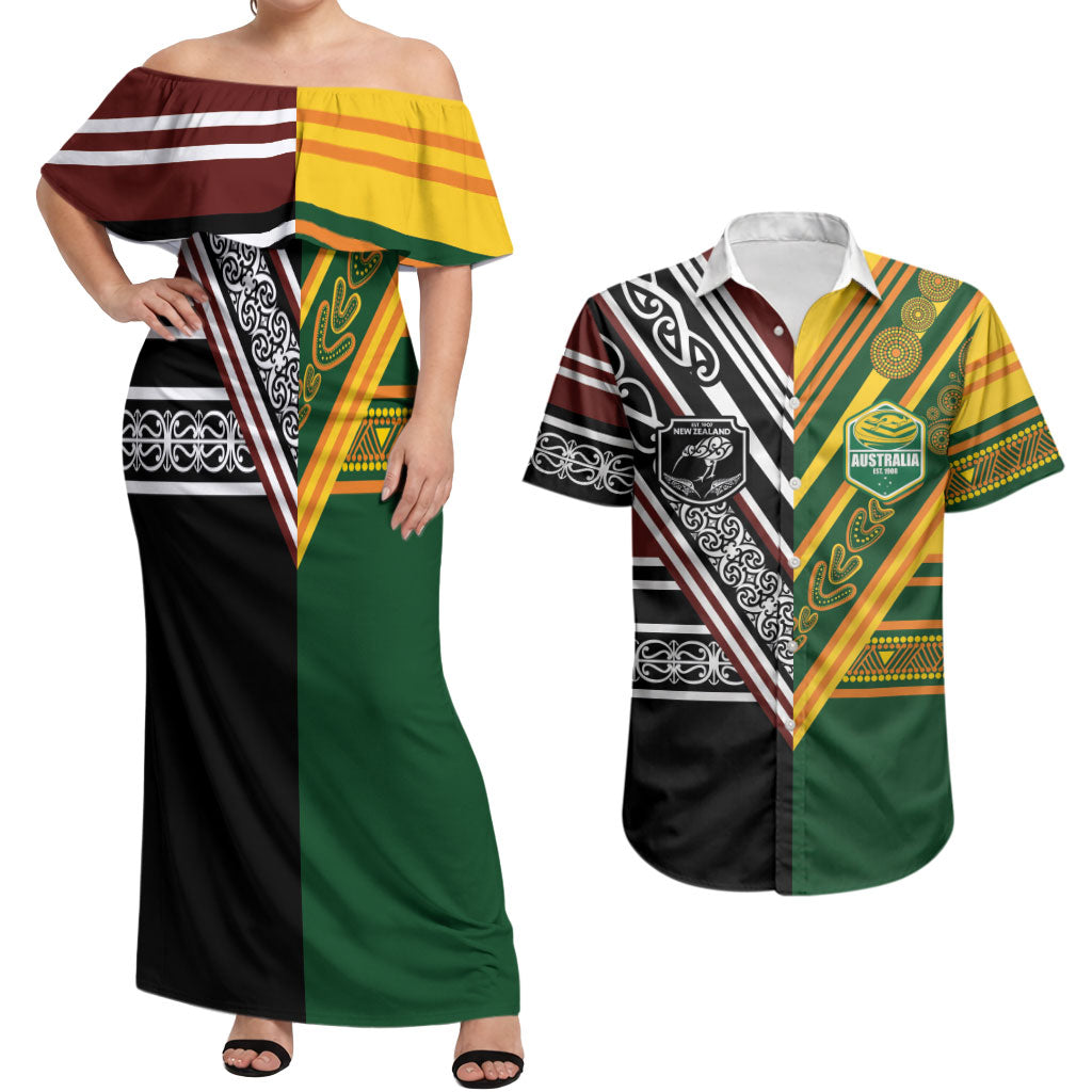 Custom Rugby New Zealand and Australia Couples Matching Off Shoulder Maxi Dress and Hawaiian Shirt Burgundy Koru Geometric with Aboriginal Chevron Sport Style