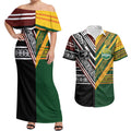 Custom Rugby New Zealand and Australia Couples Matching Off Shoulder Maxi Dress and Hawaiian Shirt Burgundy Koru Geometric with Aboriginal Chevron Sport Style